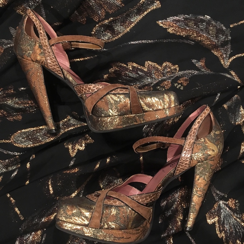Miu Miu bronze brocade snakeskin mixed metal Mary Janes 36